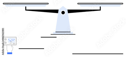 Hand interacts with control panel beside large balancing scale, emphasizing precision, fairness, and equilibrium. Ideal for justice, decision-making, management, equality, evaluation measurement