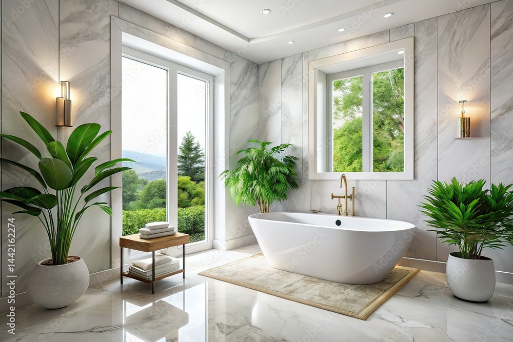 Modern Bathroom Design, White Tub, Marble Floor, Large Window, Plant