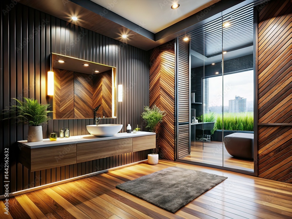 Modern Black Bathroom with Wooden Accents - Double Exposure