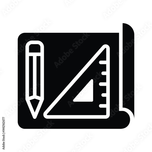 A captivating glyph style icon depicting architectural plan with ruler pencil