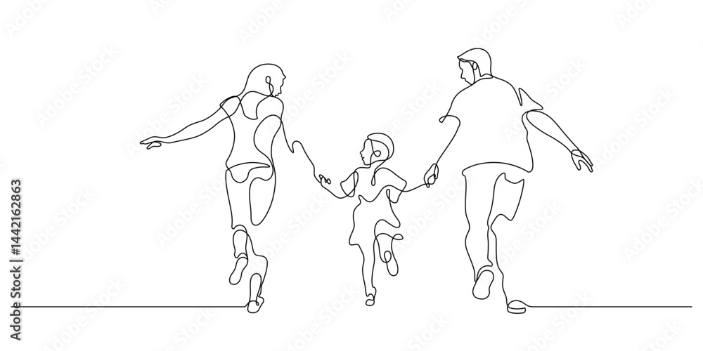 Obraz premium family walking together holding hands line art minimalism. happy mom dad and daughter relaxation carefree one line drawing illustration