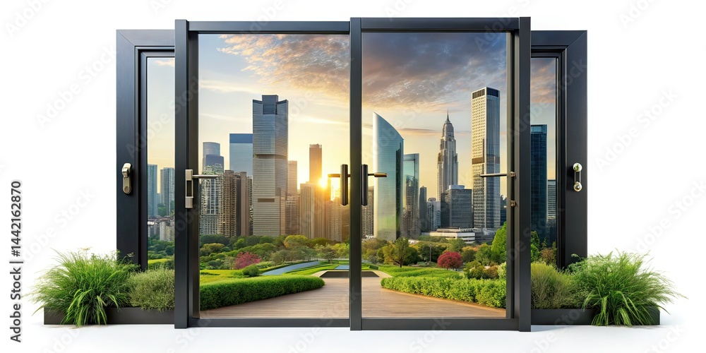 Modern Black Front Door with Glass & Long Handle - Double Exposure AI Photo
