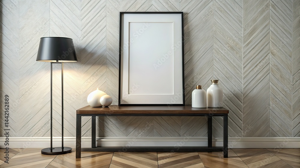 Modern Black Picture Frame on Marble Shelf - AI Photo
