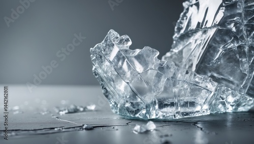Cracked transparent ice piece set on a grey background.