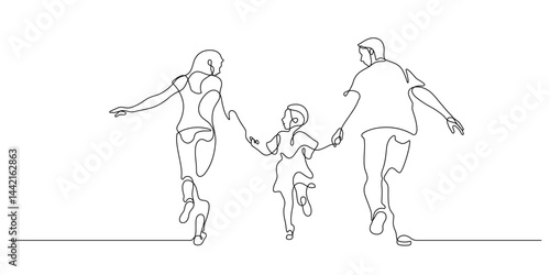 family walking together holding hands line art minimalism. happy mom dad and daughter relaxation carefree one line drawing illustration