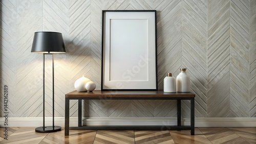 Obraz na płótnie Modern Black Picture Frame on Marble Shelf - AI Photo w salonie