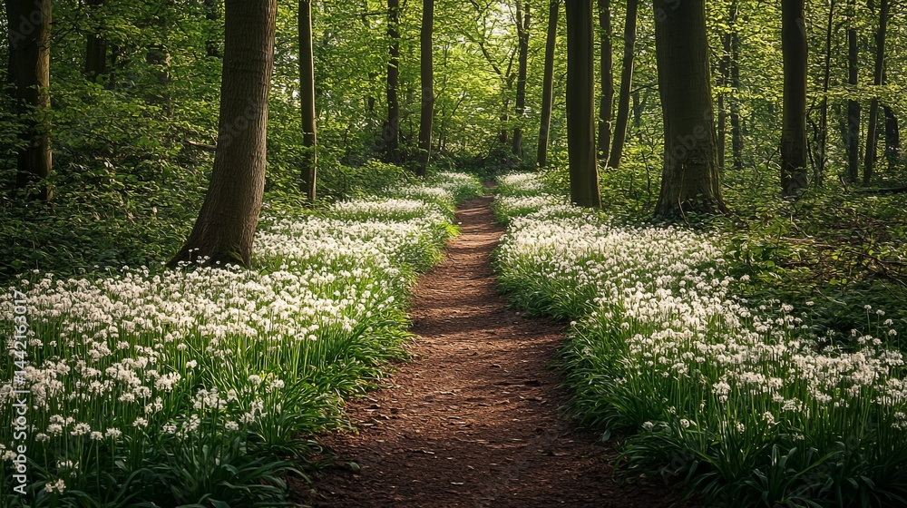 Enchanting forest pathway lined with blooming wild garlic creating a magical scene