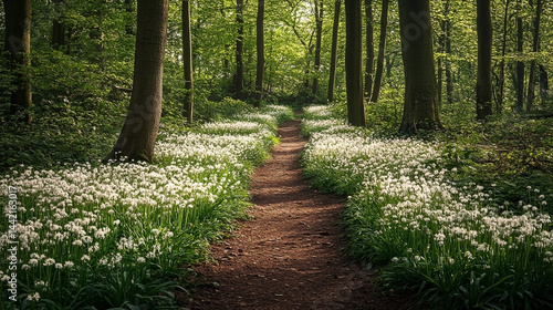 Obraz na płótnie Enchanting forest pathway lined with blooming wild garlic creating a magical scene w salonie