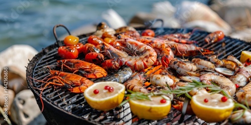 Grilling a variety of fresh seafood along the shore during a sunny afternoon
