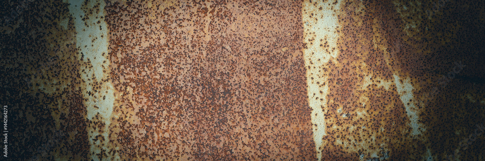 Old rusty metal texture. Rust on the surface of the iron wall. Panoramic background for grunge design.