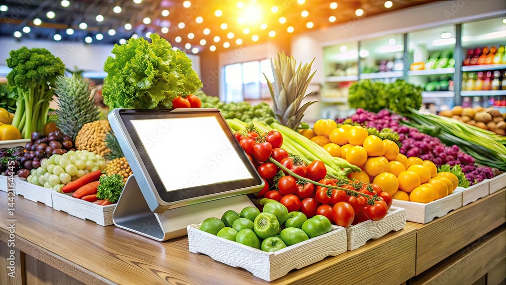 Modern Grocery Checkout Tablet on Fresh Produce Display