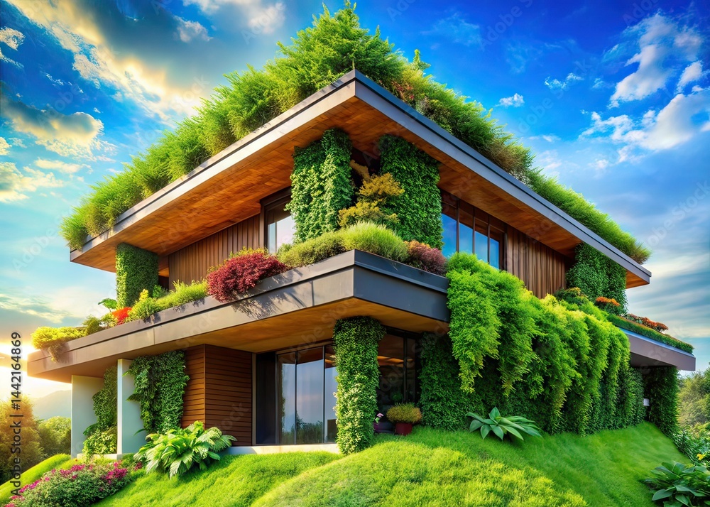 Modern Home with Green Roof, Lush Vegetation, AI Photography