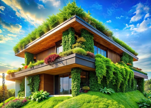Obraz na płótnie Modern Home with Green Roof, Lush Vegetation, AI Photography w salonie