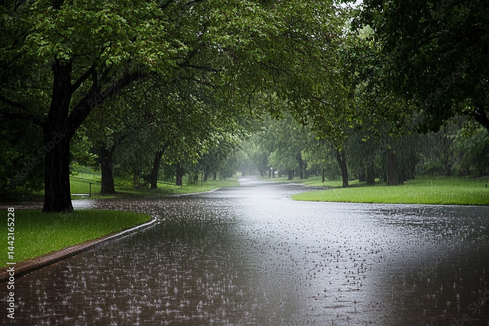 Rainy residential street with lush green foliage during a summer shower