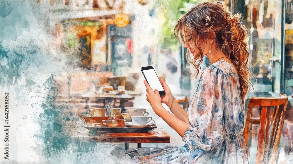 Fototapeta premium Cafe patron taps away at her phone screen