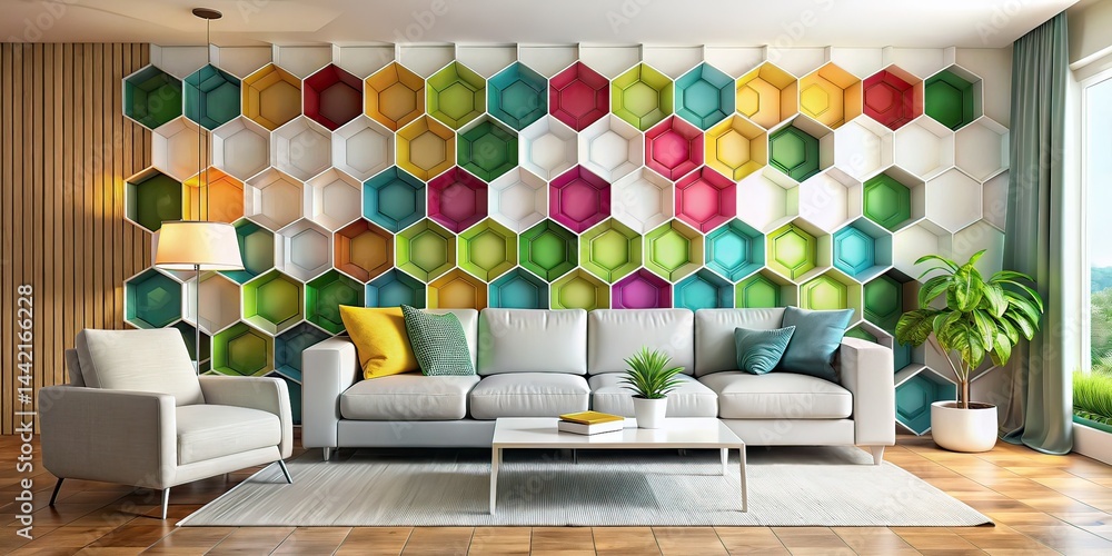 Modern Living Room with Colorful Hexagonal Panels - 3D Rendering