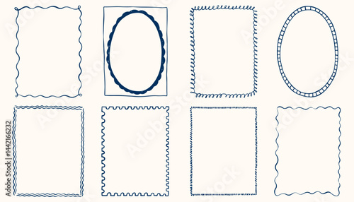 Hand drawn ink vintage frames in marine sea coastal style. Stamp or letter mark frames for greeting cards, wedding, birthday party, invitations. Minimalist coquette vector borders. Sketch art line