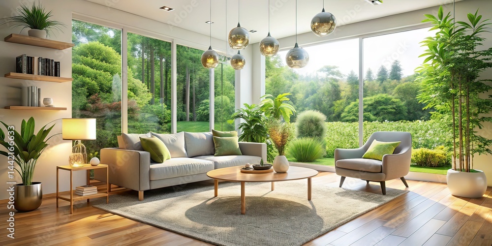 Modern Minimalist Living Room, Scandinavian Design, Garden View, Bokeh Effect, AI Photo
