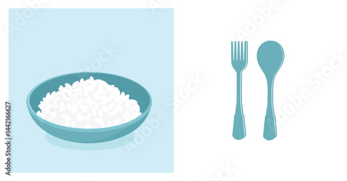 Rice bowl, fork and spoon icon set vector.