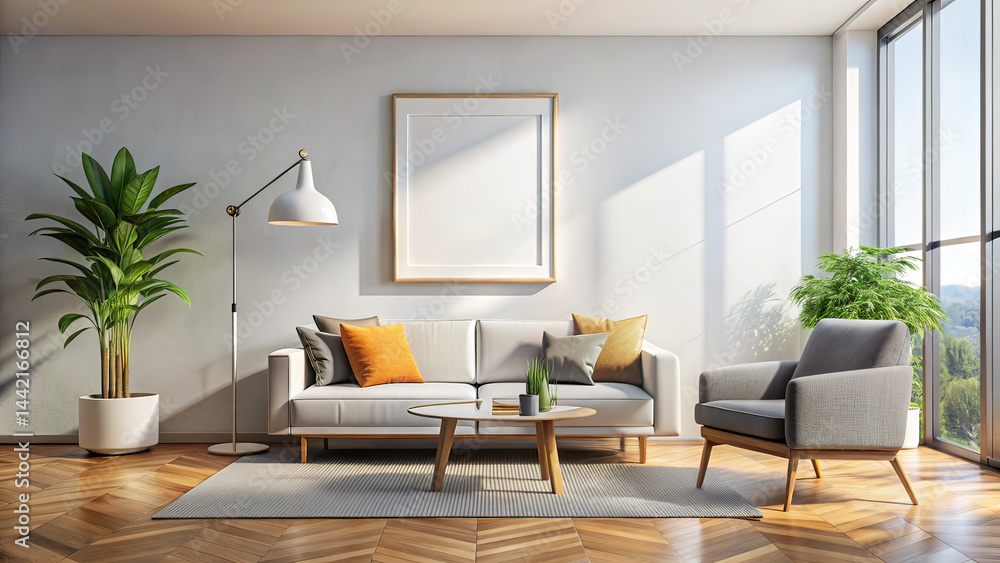 Modern Minimalist Living Room Poster Mockup - Blank White Poster