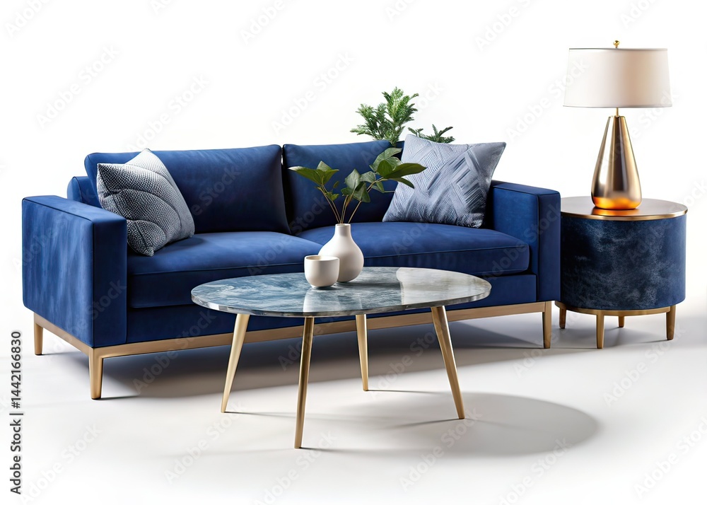 Modern Navy Velvet Sofa & Marble Side Tables - AI Photorealistic Furniture