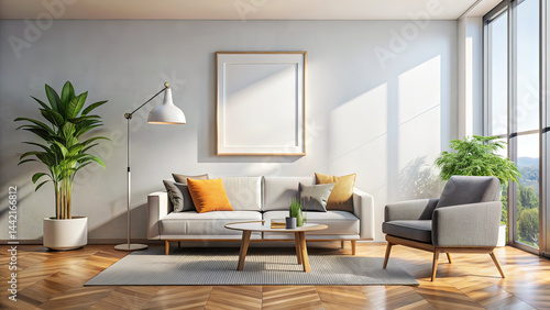 Obraz na płótnie Modern Minimalist Living Room Poster Mockup - Blank White Poster w salonie