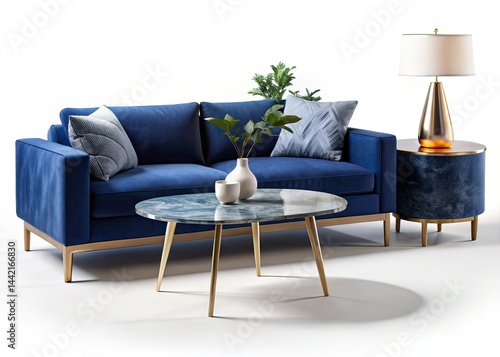 Obraz na płótnie Modern Navy Velvet Sofa & Marble Side Tables - AI Photorealistic Furniture w salonie