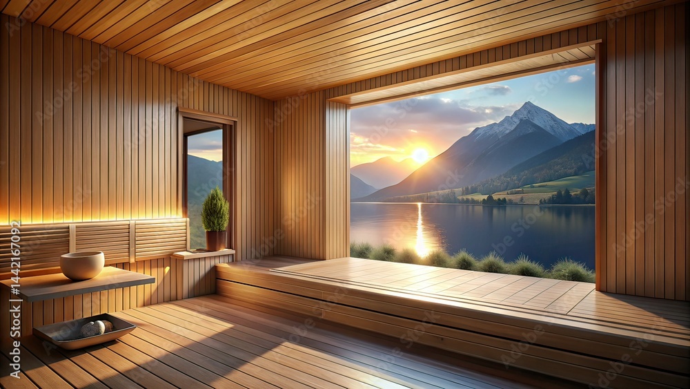 Modern Sauna Mountain Lake View - AI Photo
