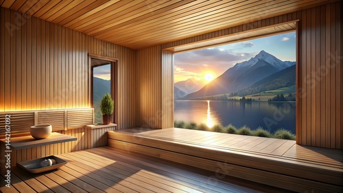 Obraz na płótnie Modern Sauna Mountain Lake View - AI Photo w salonie