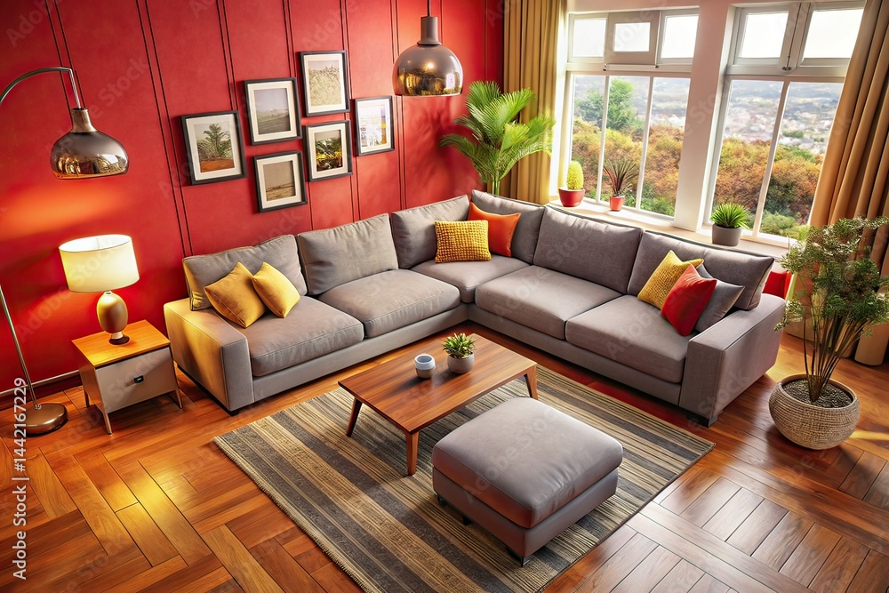 Modern Sectional Sofa, Red Wall, Warm Lighting, Drone View Living Room