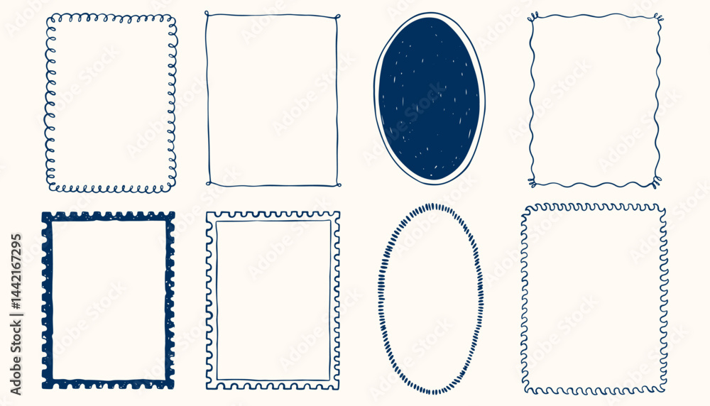 Hand drawn ink vintage frames in marine sea coastal style. Stamp or letter mark frames for greeting cards, wedding, birthday party, invitations. Minimalist coquette vector borders. Sketch art line