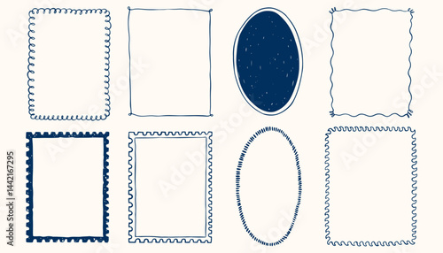 Hand drawn ink vintage frames in marine sea coastal style. Stamp or letter mark frames for greeting cards, wedding, birthday party, invitations. Minimalist coquette vector borders. Sketch art line