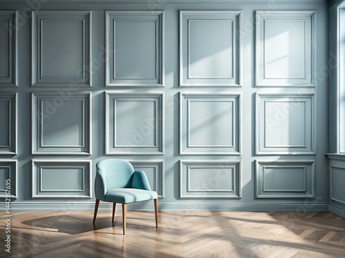 Modern Studio Interior - Panoramic View, Light Gray, Pastel Blue Chair