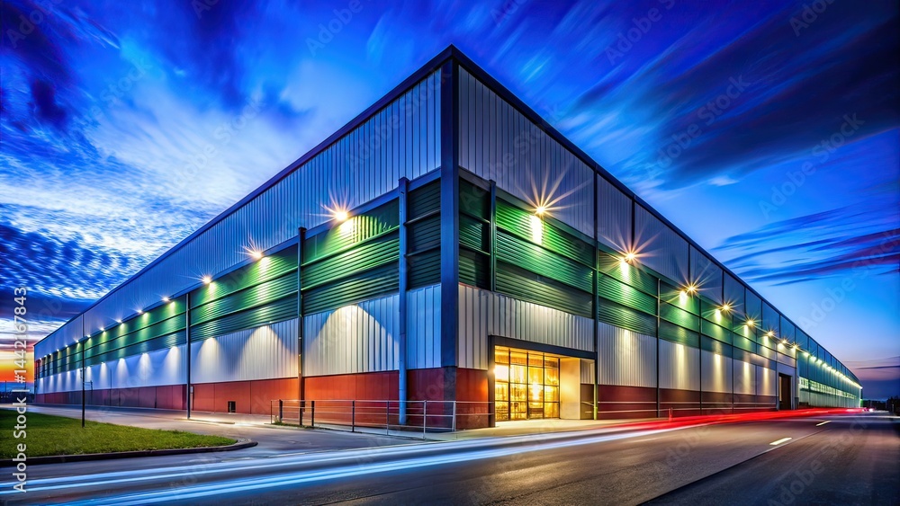 Modern Warehouse Long Exposure Photography, Architectural, AI Art, Industrial Building, Cityscape, Night Photography, Urban Scene