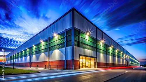 Obraz na płótnie Modern Warehouse Long Exposure Photography, Architectural, AI Art, Industrial Building, Cityscape, Night Photography, Urban Scene w salonie