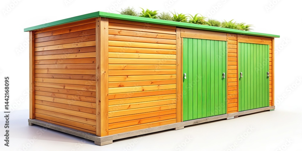 Modern Wooden Garden Storage, White Background, Left Position, Copy Space
