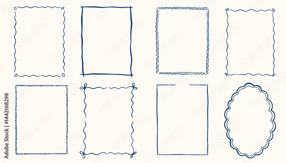 Hand drawn ink vintage frames in marine sea coastal style. Stamp or letter mark frames for greeting cards, wedding, birthday party, invitations. Minimalist coquette vector borders. Sketch art line
