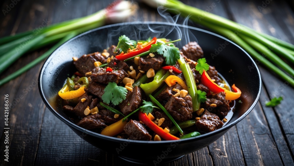 Wok-cooked beef with vegetables in a bowl on wooden table backdrop. Asian-style wok featuring beef, bell peppers, nuts, and lemongrass sauce. Close-up shot with copy space Wok-cooked beef with vegetables in a bowl on wooden table backdrop. Asian-style wok featuring beef, bell peppers, nuts, and lemongrass sauce. Close-up shot with copy space