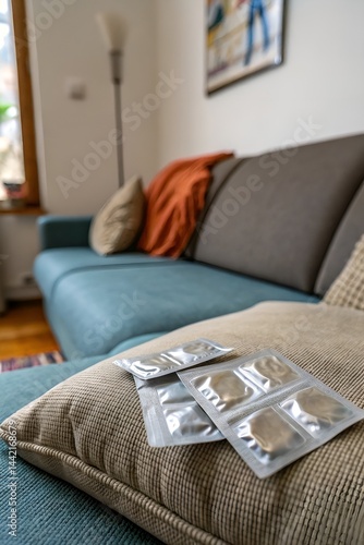 Devastation in American homes as the opioid crisis impacts everyday life near a couch with empty pill packages