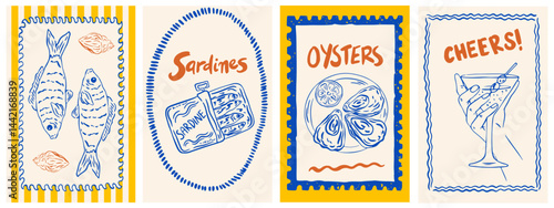 Summer Italy la dolce vita vintage posters. Amalfi or Sicily of postage stamps with image of Italian Mediterranean, sardines can, cocktails, oysters. Vector illustration ink doodle sketch style.
