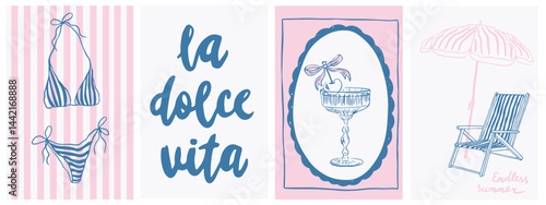 Summer Italy la dolce vita vintage posters. Amalfi or Sicily of postage stamps with image bikini, cocktails, beachy decor. Vector illustration ink doodle sketch style. Minimalist line art