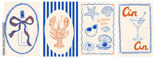 Summer Italy la dolce vita vintage posters. Amalfi or Sicily of postage stamps with image of Italian Mediterranean wine, lobster, beach decor. Vector illustration ink doodle sketch style.