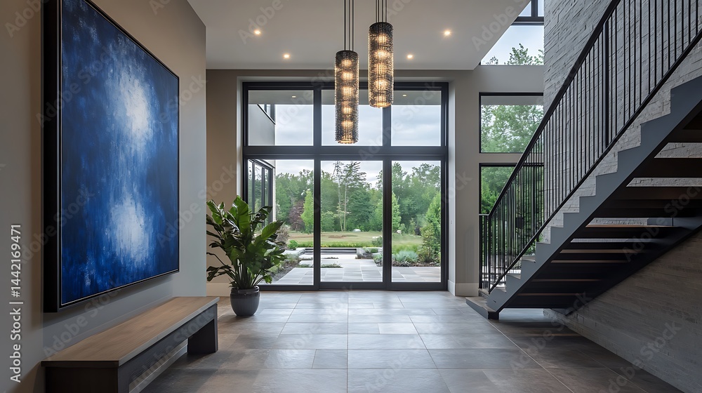 Obraz premium Modern Foyer with Staircase, Windows, and Large Blue Abstract Painting