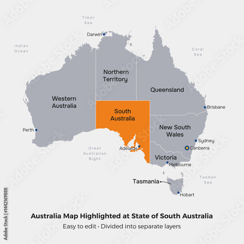 Australia Map Vector Illustration, Highlighted at State of South Australia