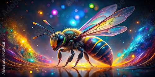 Obraz na płótnie Neon Bee in Abstract Nebula - AI Art, Cosmic Bee, Nebula Photography, Glow, Abstract, Insect, Science Fiction w salonie