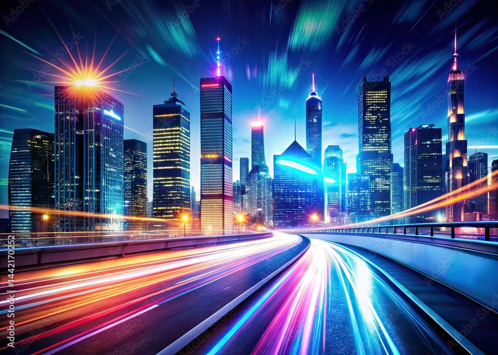 Neon City Highway - Futuristic Night Sky Metropolis