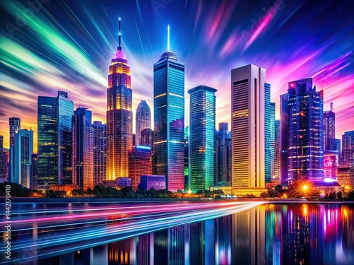 Obraz na płótnie Neon City Skyline - Futuristic Architecture Long Exposure w salonie