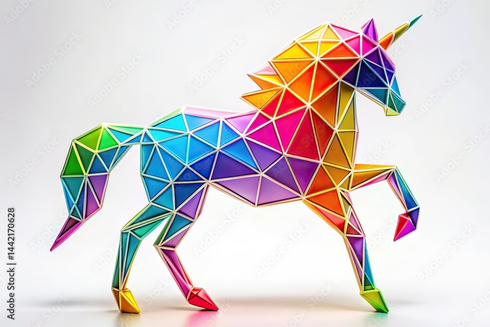 Neon Geometric Unicorn, Fantasy Art, Product Photography, Abstract, Modern