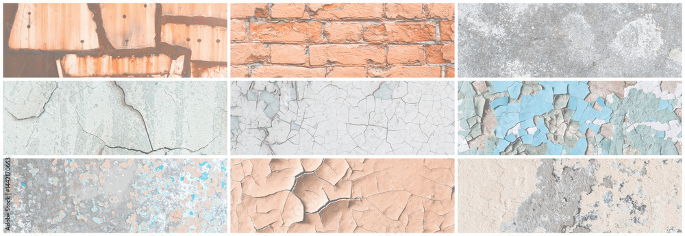 Set of panoramic background textures. Collection of wide textures with peeling paint, cracks, rust, stone and concrete walls. Faded rough surfaces of old walls. Bundle of light backgrounds for design.