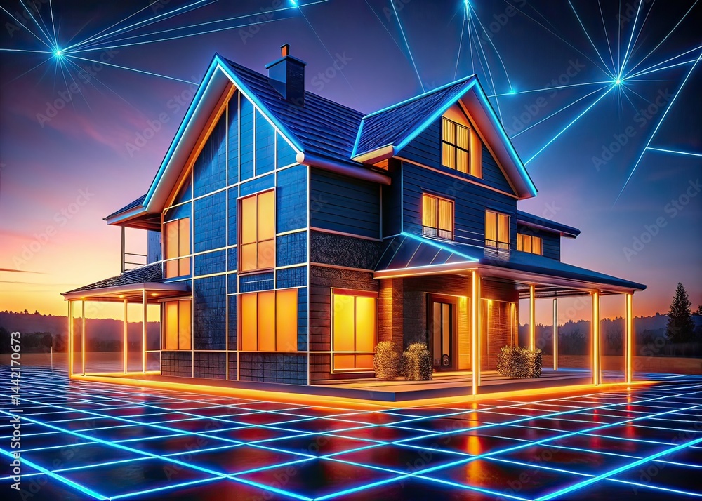 Neon House on Grid Landscape